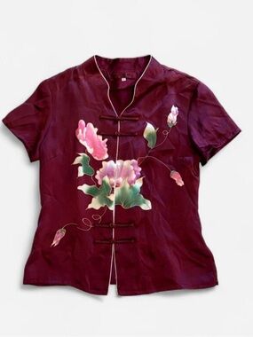 Vintage Hand-Painted Silk Mandarin Blouse